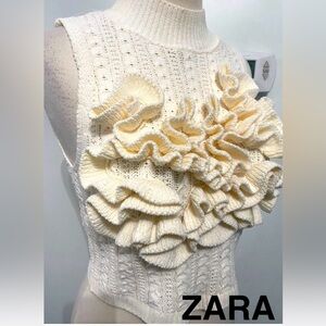 ZARA Cream Ruffled Knit Sleeveless Top - Size S - NEW